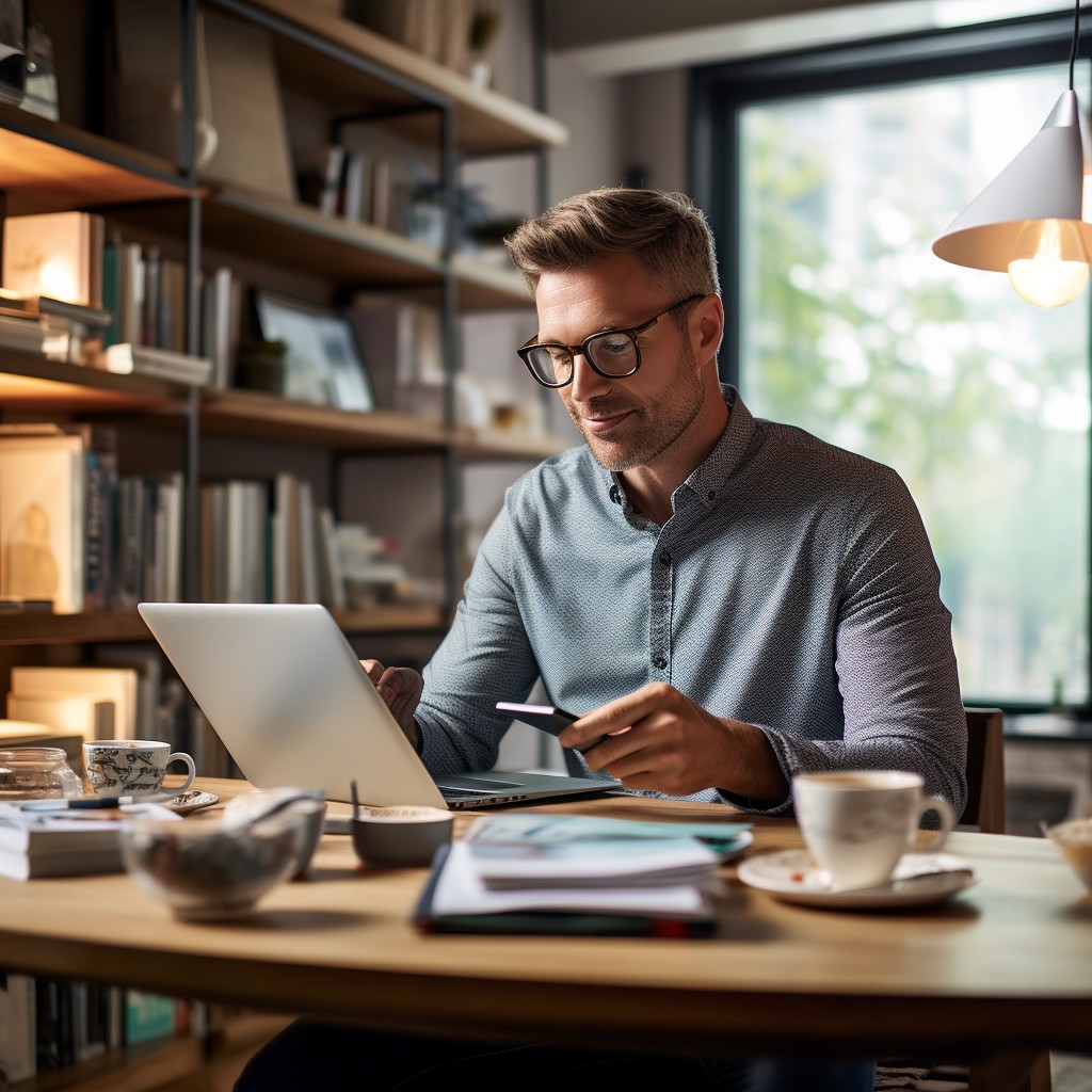 Investor attentively analyzing financial charts and graphs on a digital tablet, with a stack of investment books beside, symbolizing continuous learning and diligent monitoring in the investment journey.