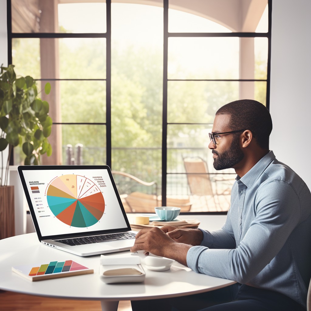 Individual planning investments at a home office, reviewing a diversified portfolio on a laptop