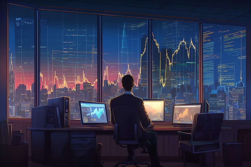 Trader analyzing investment charts at desk with city skyline view, symbolizing confident investment strategy