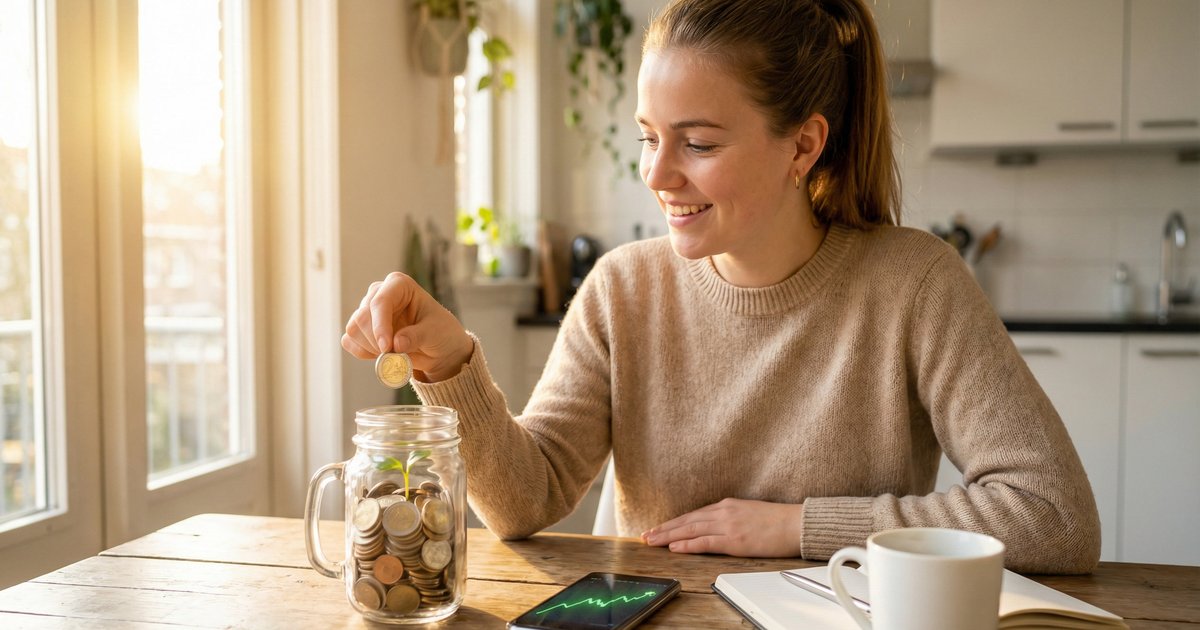 Woman placing euro coins into a glass savings jar — symbol of starting with €100 per month investing in the Netherlands