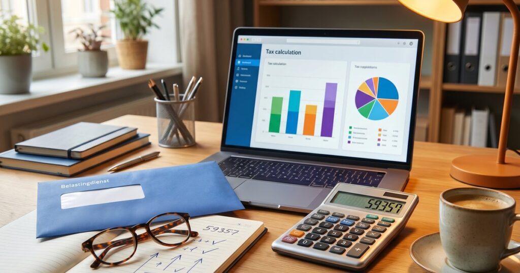 Bureau met Nederlandse belastingaangifte-documenten, calculator en laptop — Box 3 belasting op beleggingen in Nederland 2026