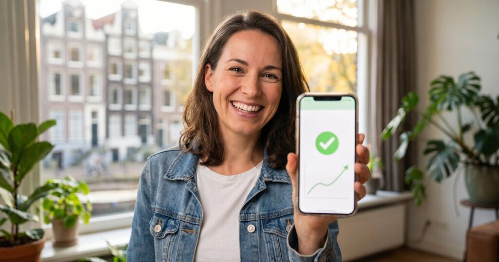 Vrouw kijkt naar haar telefoon met een groen vinkje als bevestiging van haar eerste aandeel-aankoop — eerste keer beleggen in Nederland