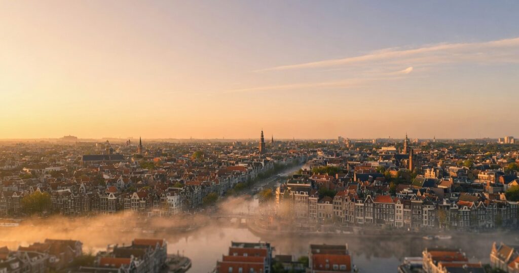 Luchtfoto van Amsterdamse grachten bij zonsopkomst — StockTradeMastery social card